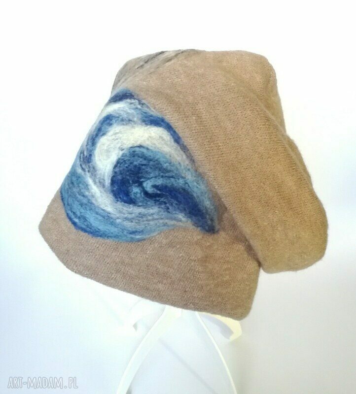 Czapka wełniana filcowana beżowa zimowa boho z merynosów 57-59 cm