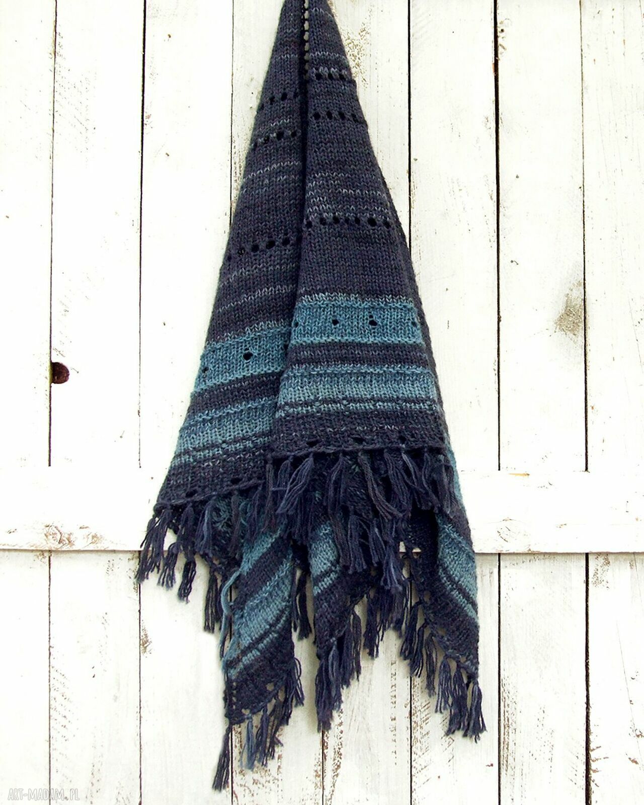 Duża wełniana chusta z frędzlami Navy Blue - ręcznie robiona z alpaki i wełny