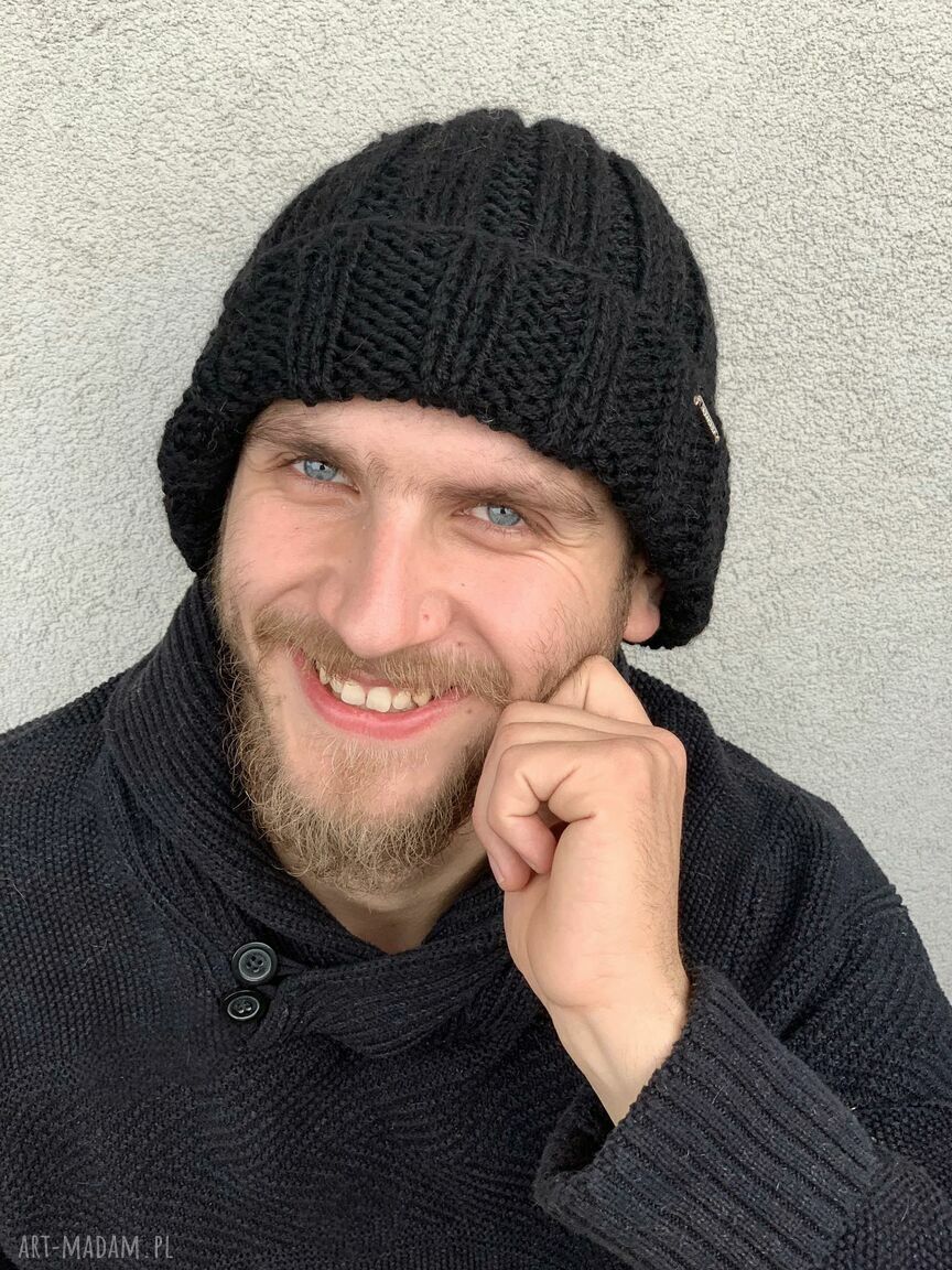 Męska czapka wełniana drutach zimowa ciepła wykonana ręcznie