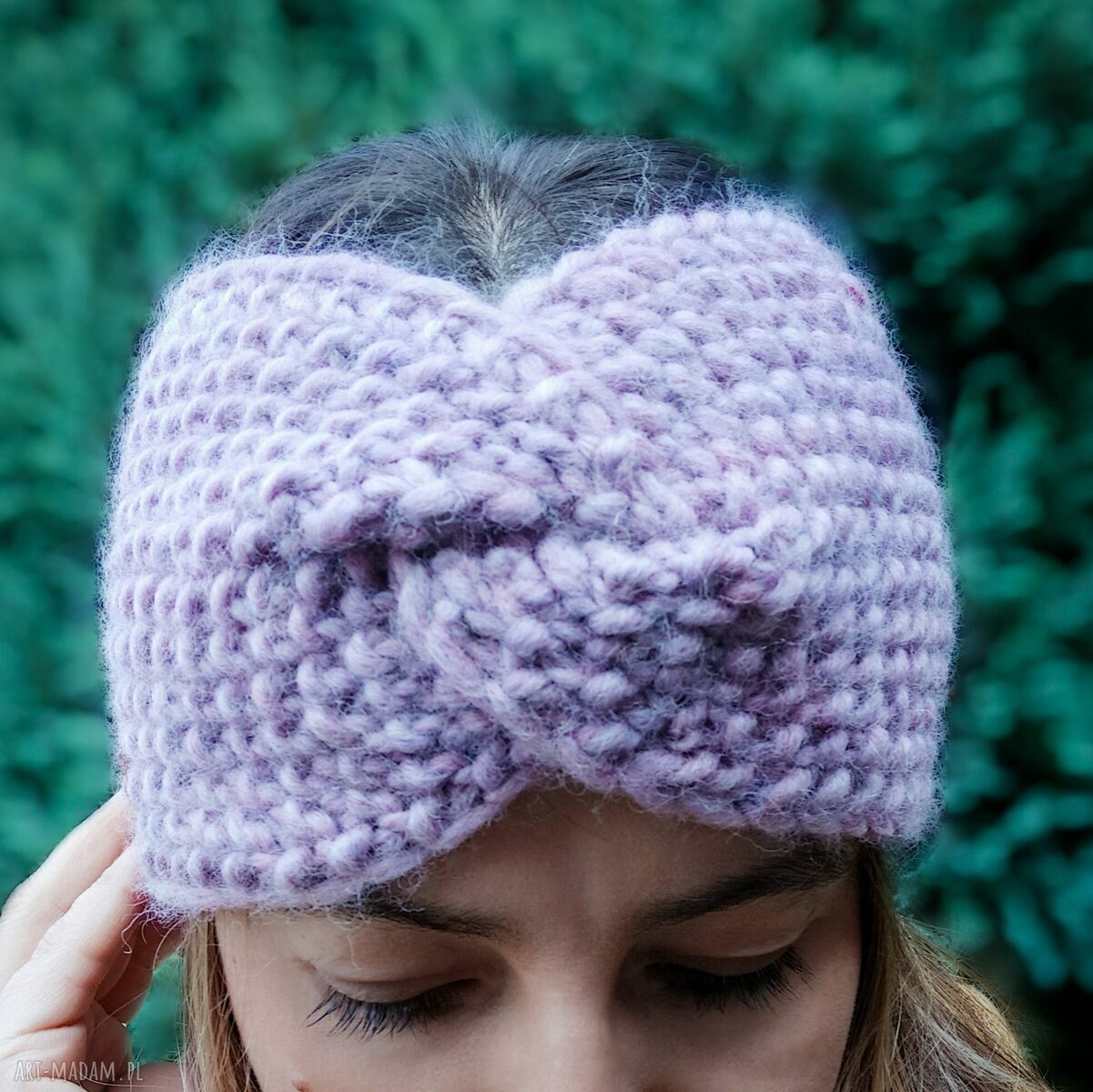 Wełniana opaska turban popielaty róż - ręcznie robiona Lucky Hat