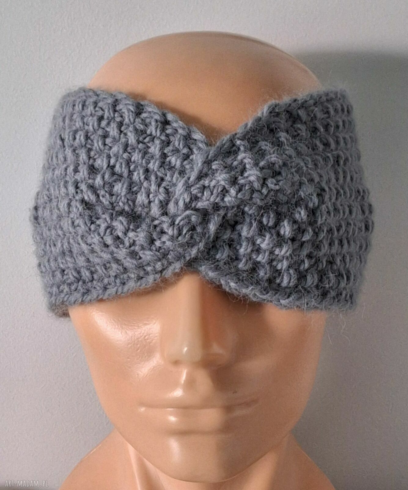 Wełniana opaska turban twist szaro-niebieska z 65% wełny i 35% alpaki - ręcznie robiona