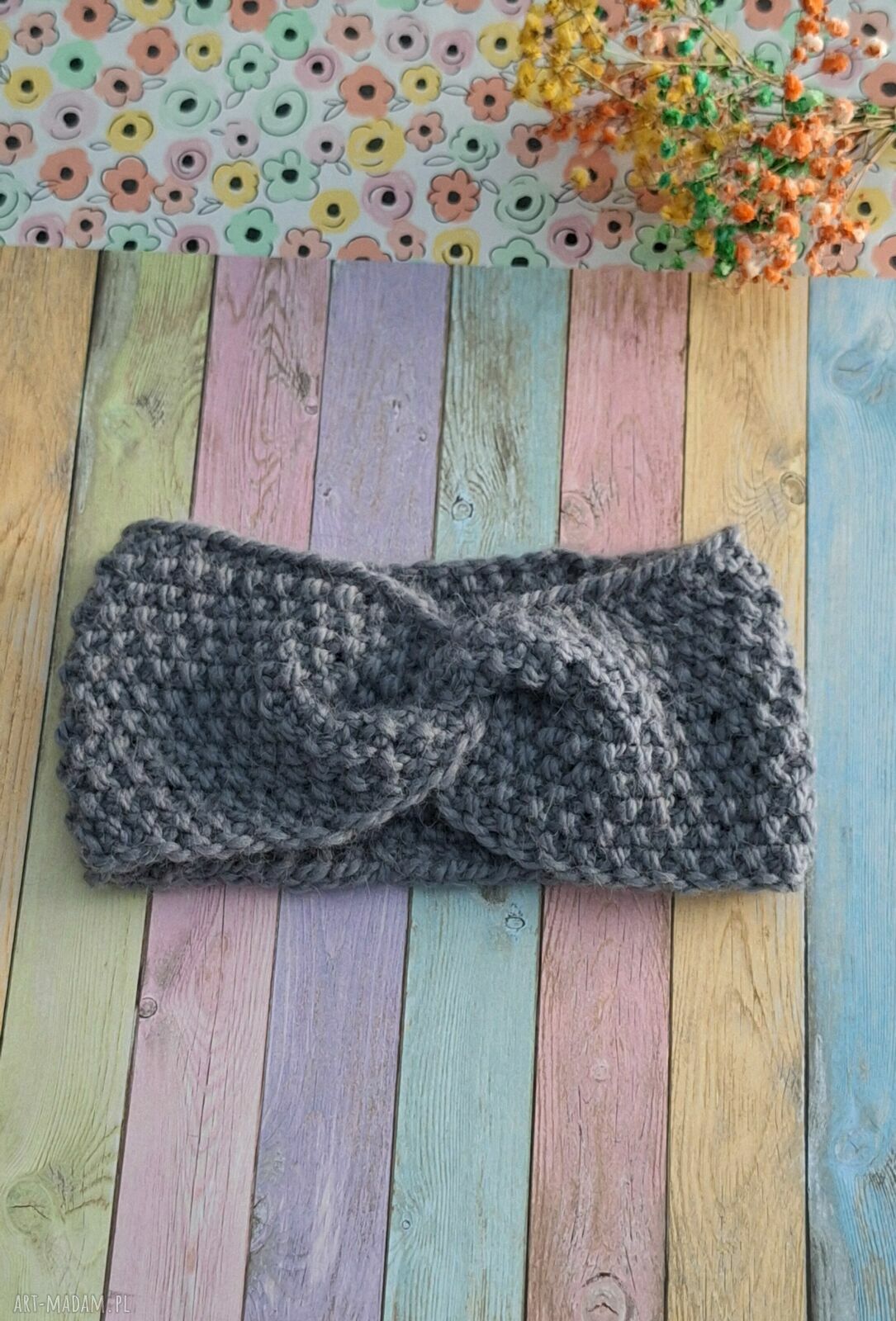 Wełniana opaska turban twist szaro-niebieska z 65% wełny i 35% alpaki - ręcznie robiona