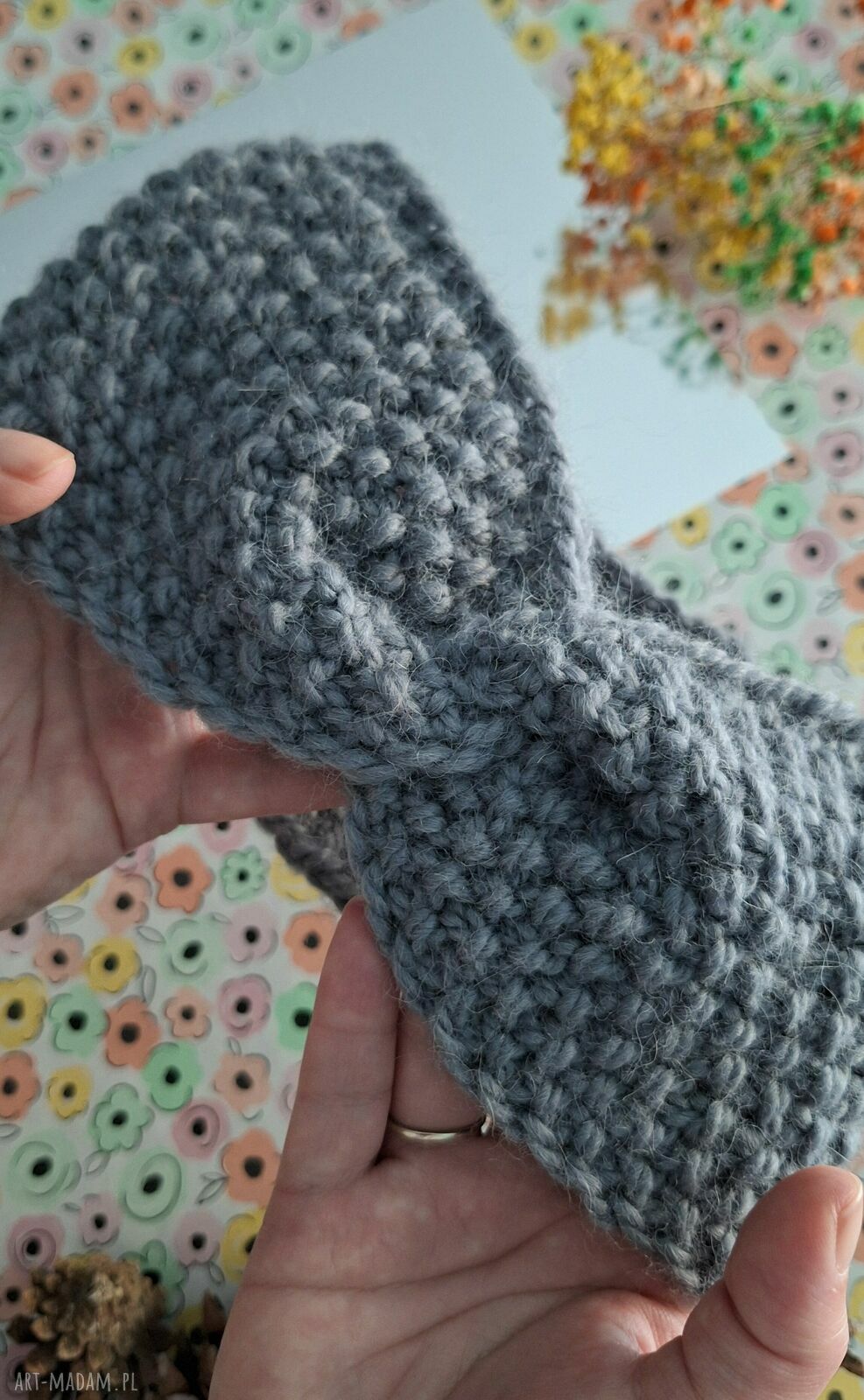 Wełniana opaska turban twist szaro-niebieska z 65% wełny i 35% alpaki - ręcznie robiona