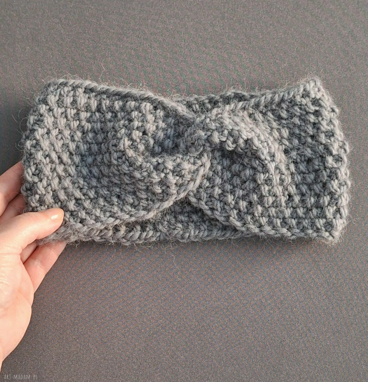 Wełniana opaska turban twist szaro-niebieska z 65% wełny i 35% alpaki - ręcznie robiona