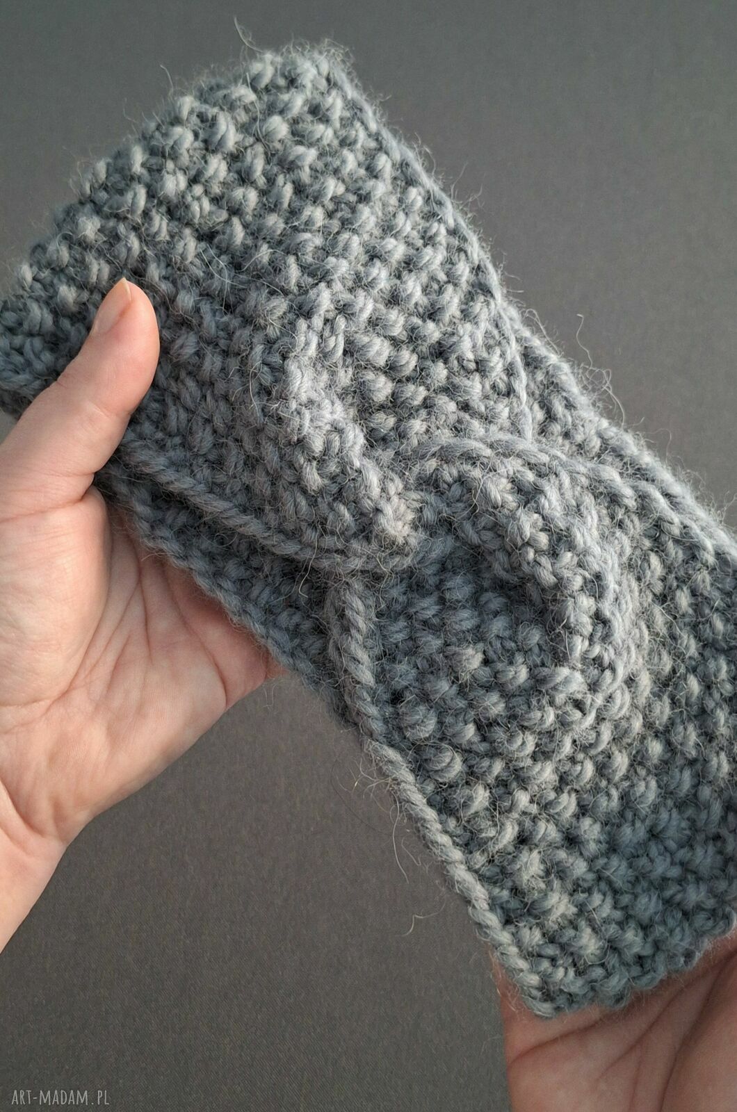 Wełniana opaska turban twist szaro-niebieska z 65% wełny i 35% alpaki - ręcznie robiona