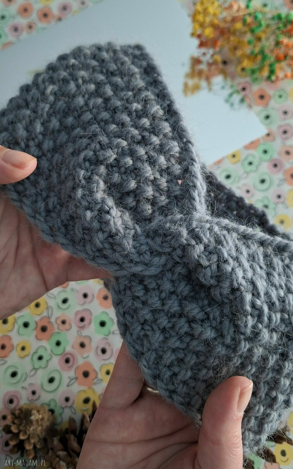 Wełniana opaska turban twist szaro-niebieska z 65% wełny i 35% alpaki - ręcznie robiona