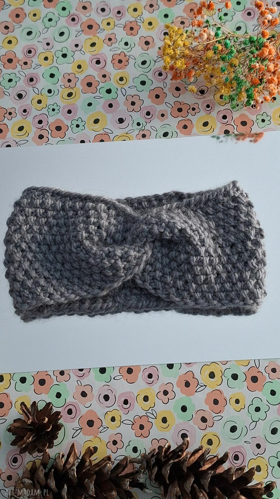 Wełniana opaska turban twist szaro-niebieska z 65% wełny i 35% alpaki - ręcznie robiona