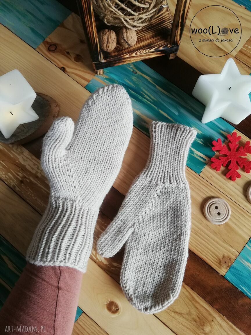 rękawiczki: wełniane rękawiczki MERYNOSKI JASNY BEŻ Ręcznie zrobione