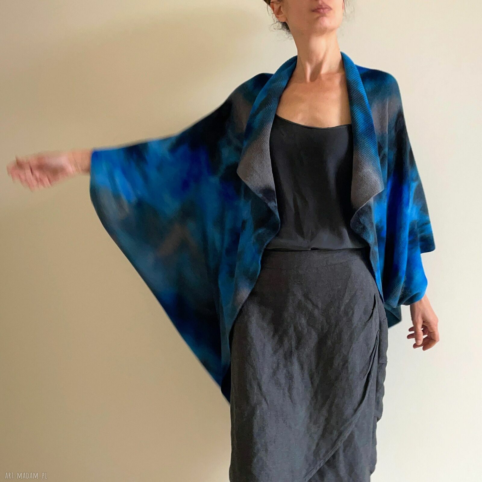 Wełniany kardigan z merino blue&graphite - ręcznie barwiony one size oversize