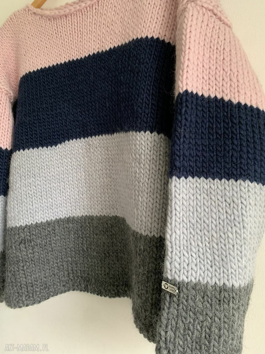 Sweter wełniany w pasy Trios - cztery kolory, rękodzieło 100% wełny (S/M)