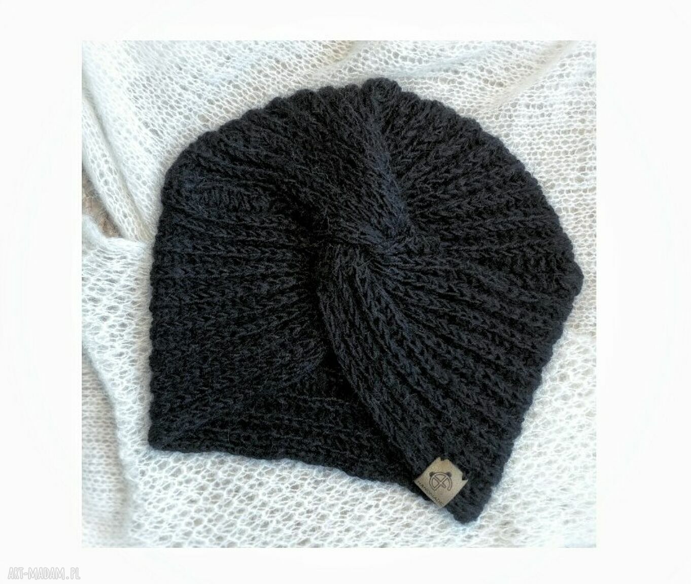Turban wełniany czarny z merino, baby alpaką i tencelem - ręcznie robiony (54-58 cm)