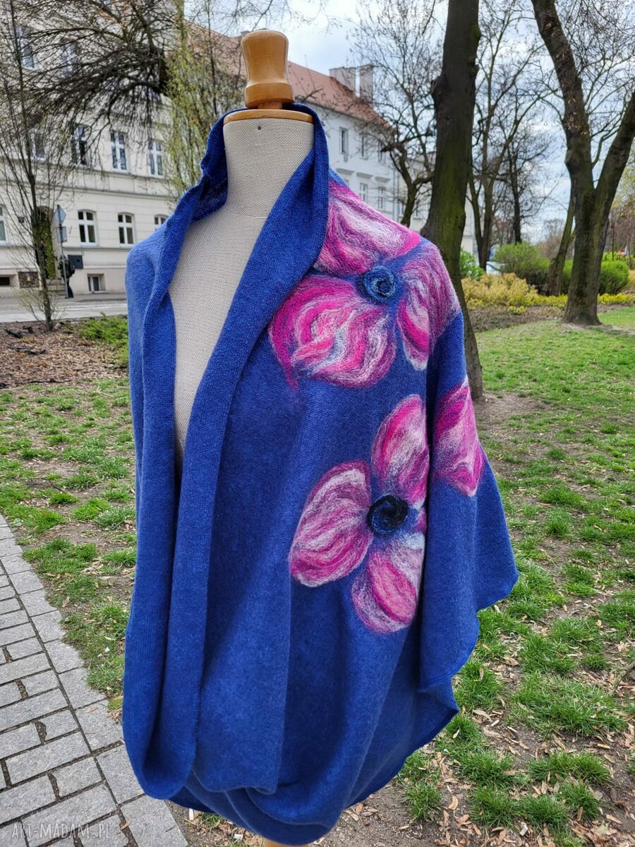 Wełniany granatowy szal - komin tuba filcowany wełną merynosów