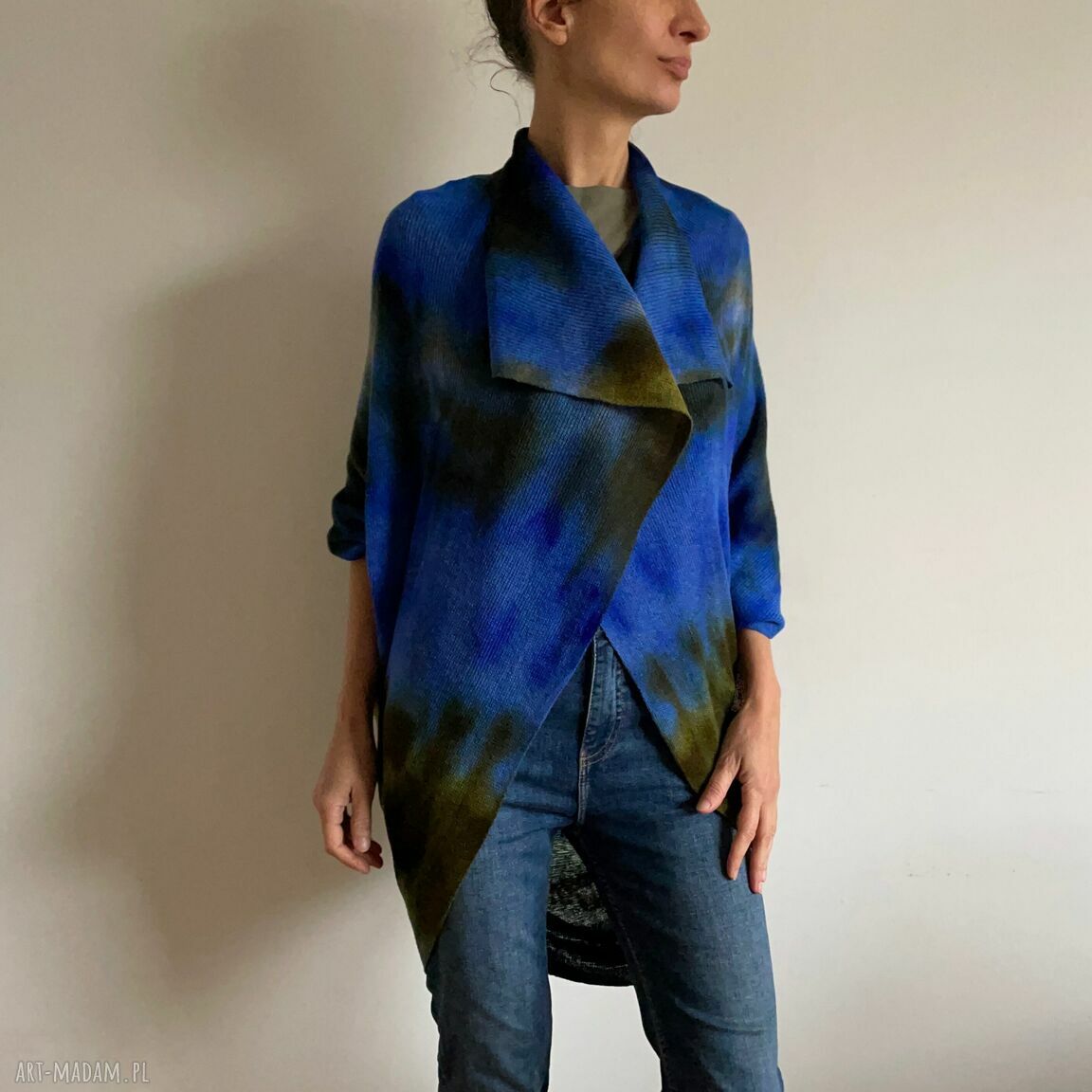 Wełniany kardigan blue&green 'Kokon' z wełny merino - ręcznie barwiony