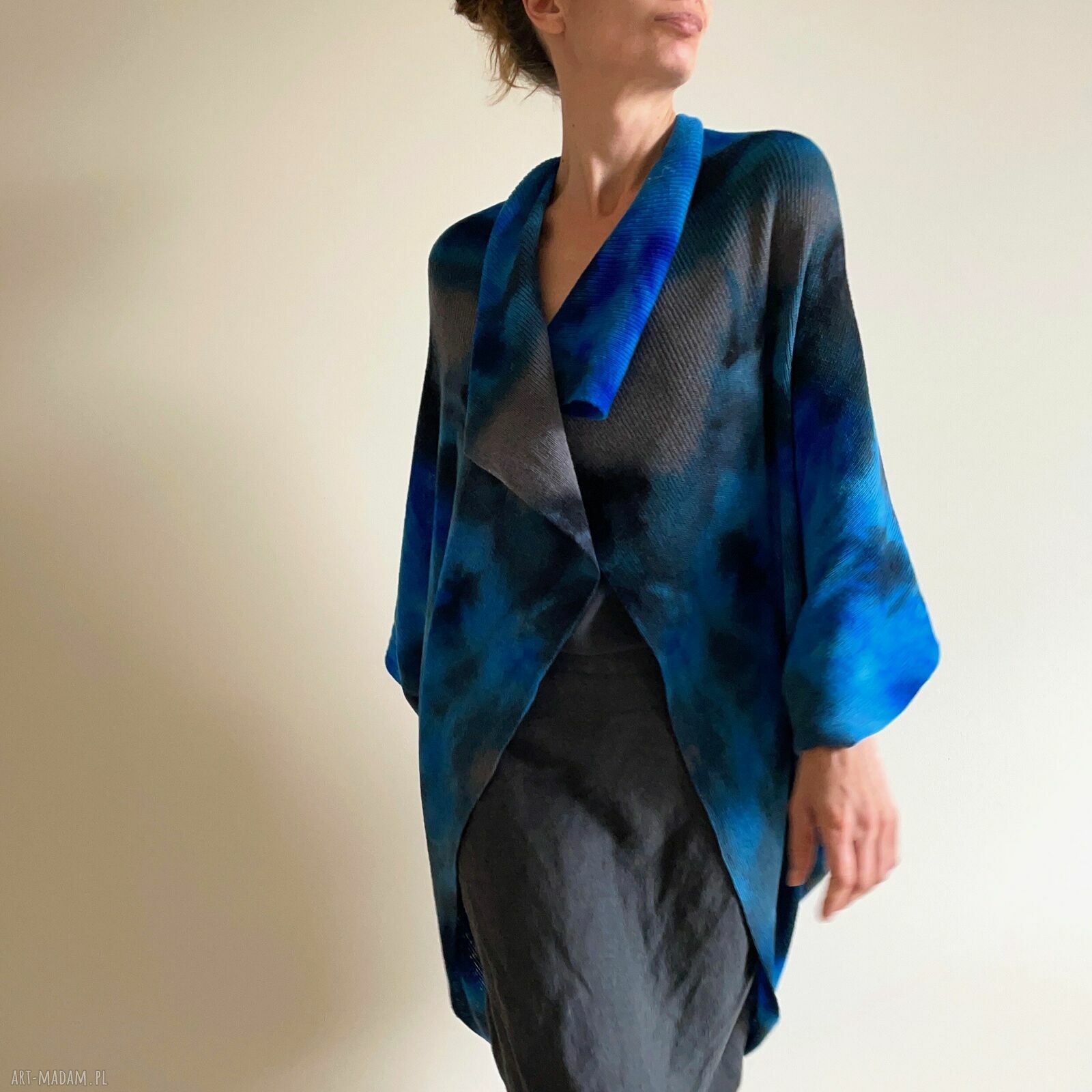 Wełniany kardigan z merino blue&graphite - ręcznie barwiony one size oversize