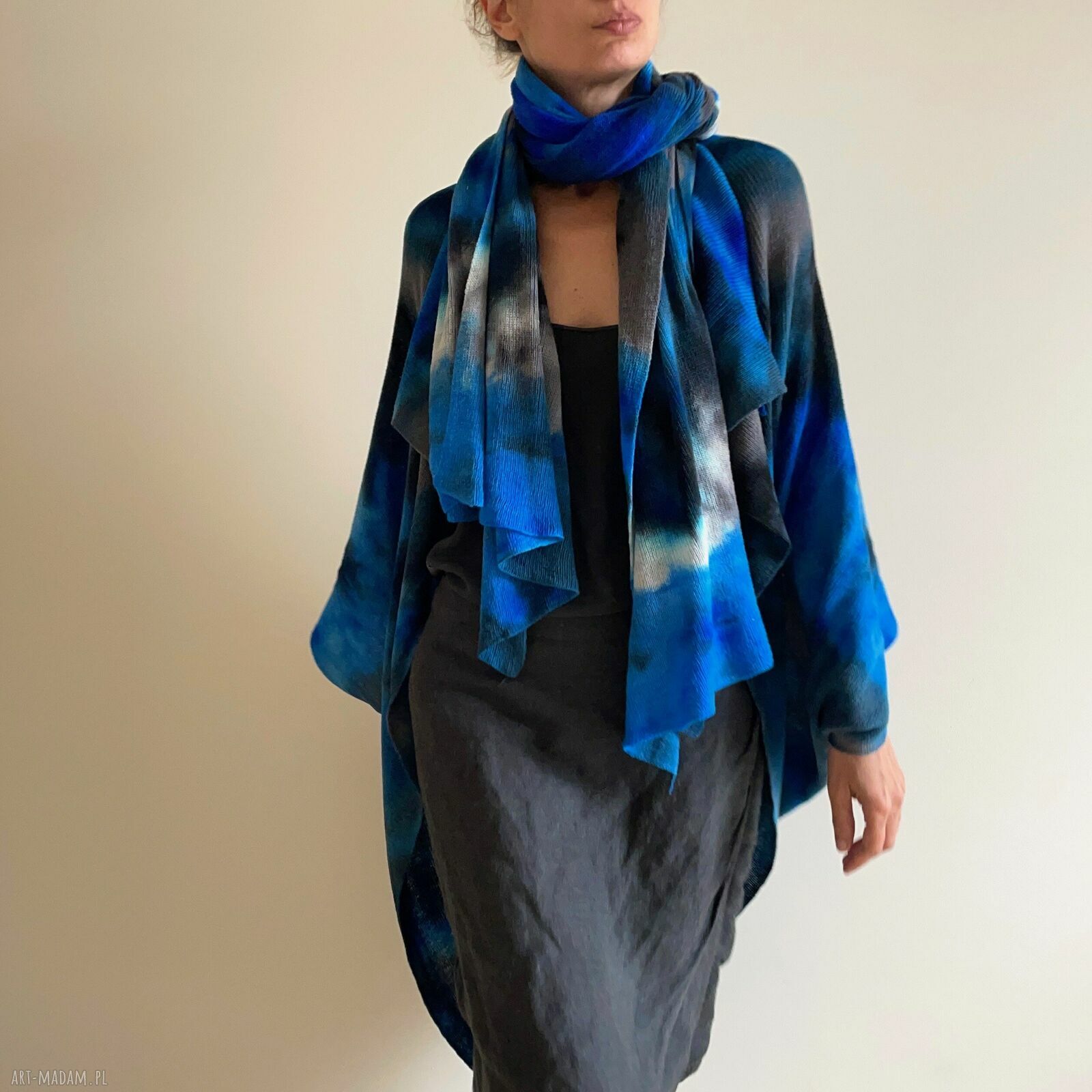 Wełniany kardigan z merino blue&graphite - ręcznie barwiony one size oversize