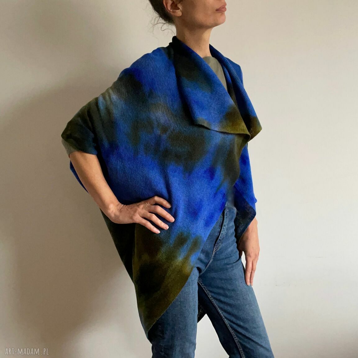 Wełniany kardigan blue&green 'Kokon' z wełny merino - ręcznie barwiony