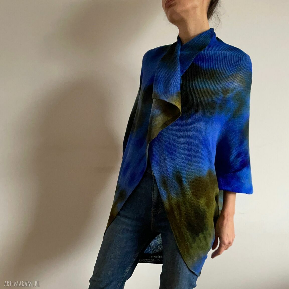 Wełniany kardigan blue&green 'Kokon' z wełny merino - ręcznie barwiony