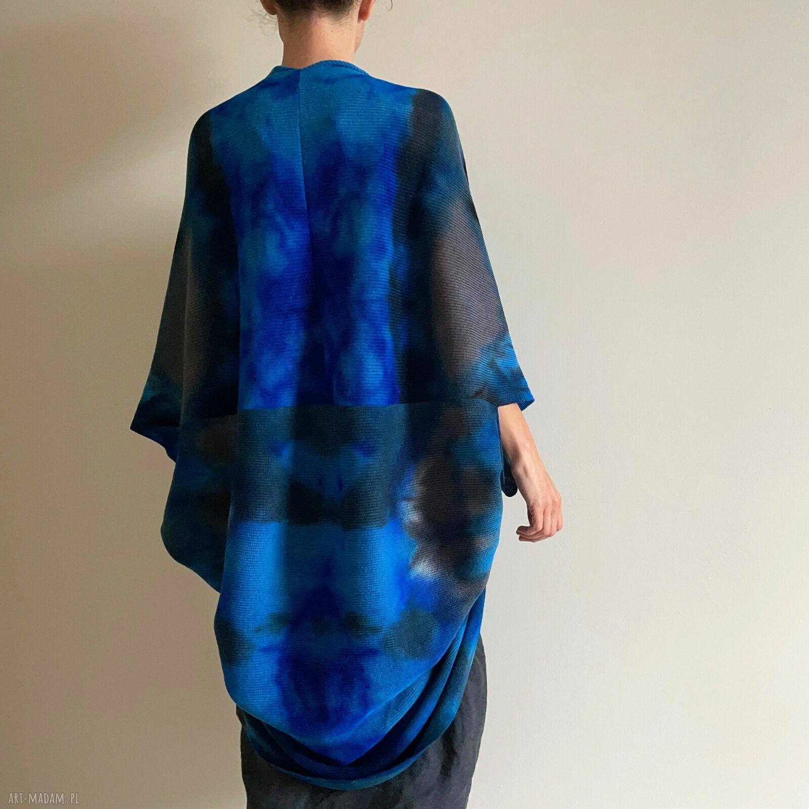 Wełniany kardigan z merino blue&graphite - ręcznie barwiony one size oversize