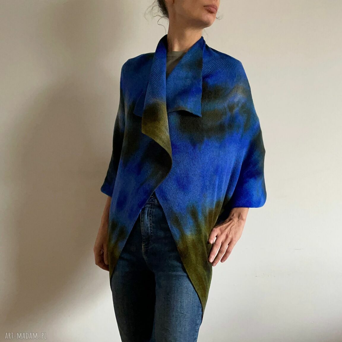 Wełniany kardigan blue&green 'Kokon' z wełny merino - ręcznie barwiony