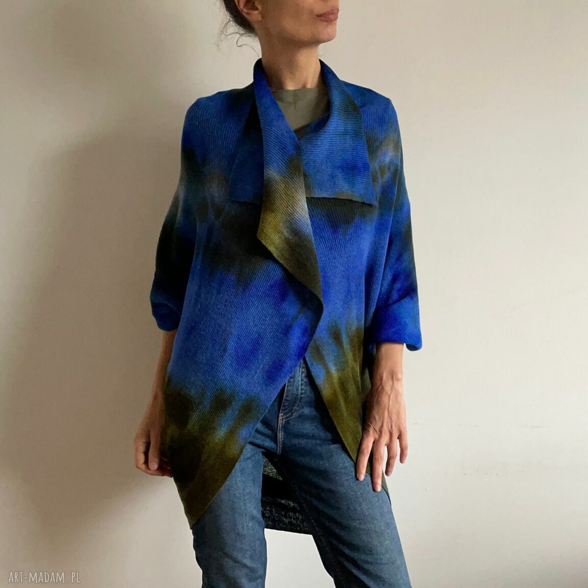 Wełniany kardigan blue&green 'Kokon' z wełny merino - ręcznie barwiony