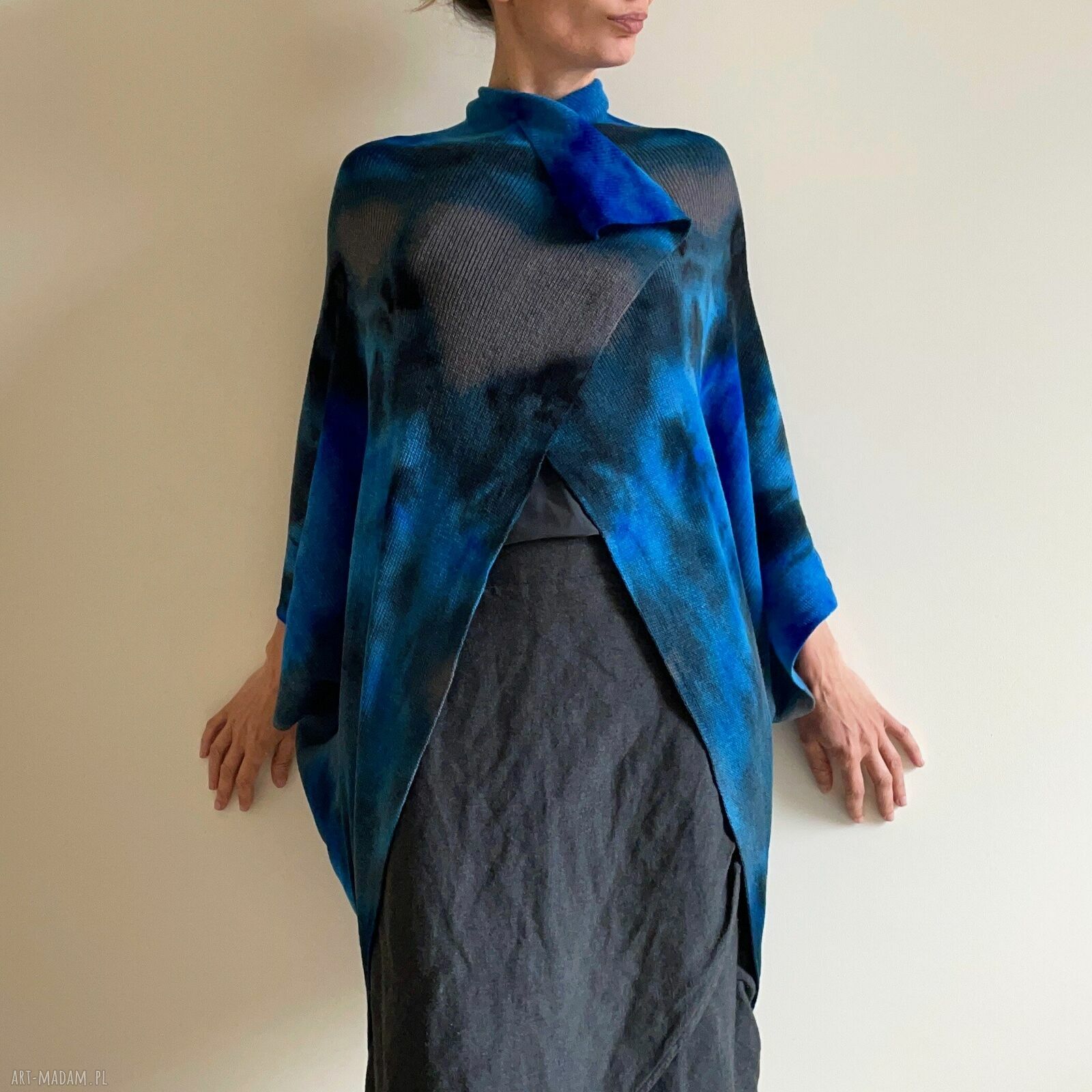 Wełniany kardigan z merino blue&graphite - ręcznie barwiony one size oversize