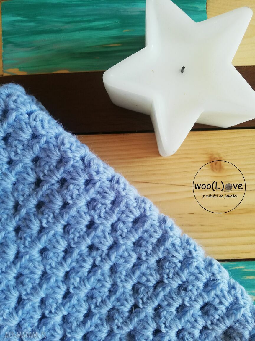 pokoik dziecka: wełniany KOCYK NIEMOWLĘCY BABUNI błękitny jasny autorskie