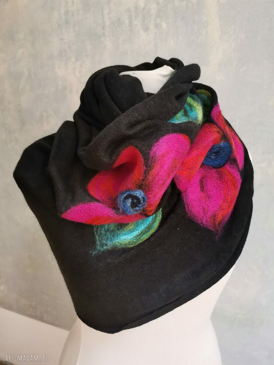 Komin wełniany filcowany z merynosów Ruda Klara - kwiatowy boho