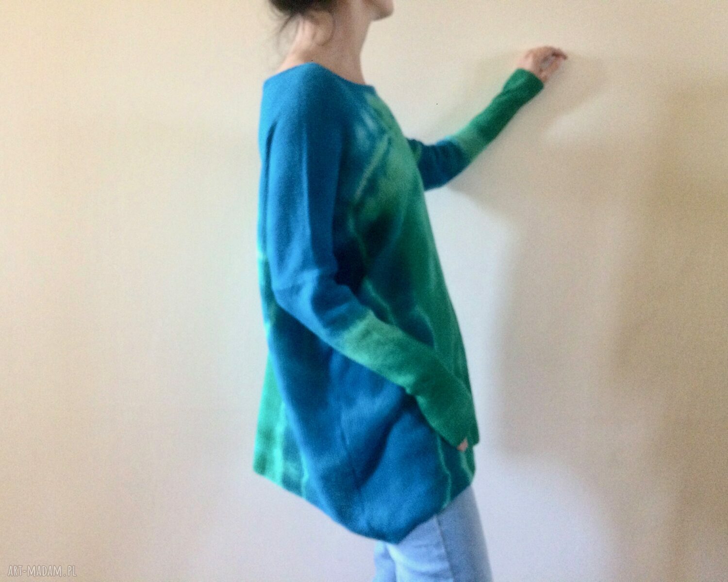 Wełniany sweter oversize turkus - szmaragd, ręcznie barwiony (one size)