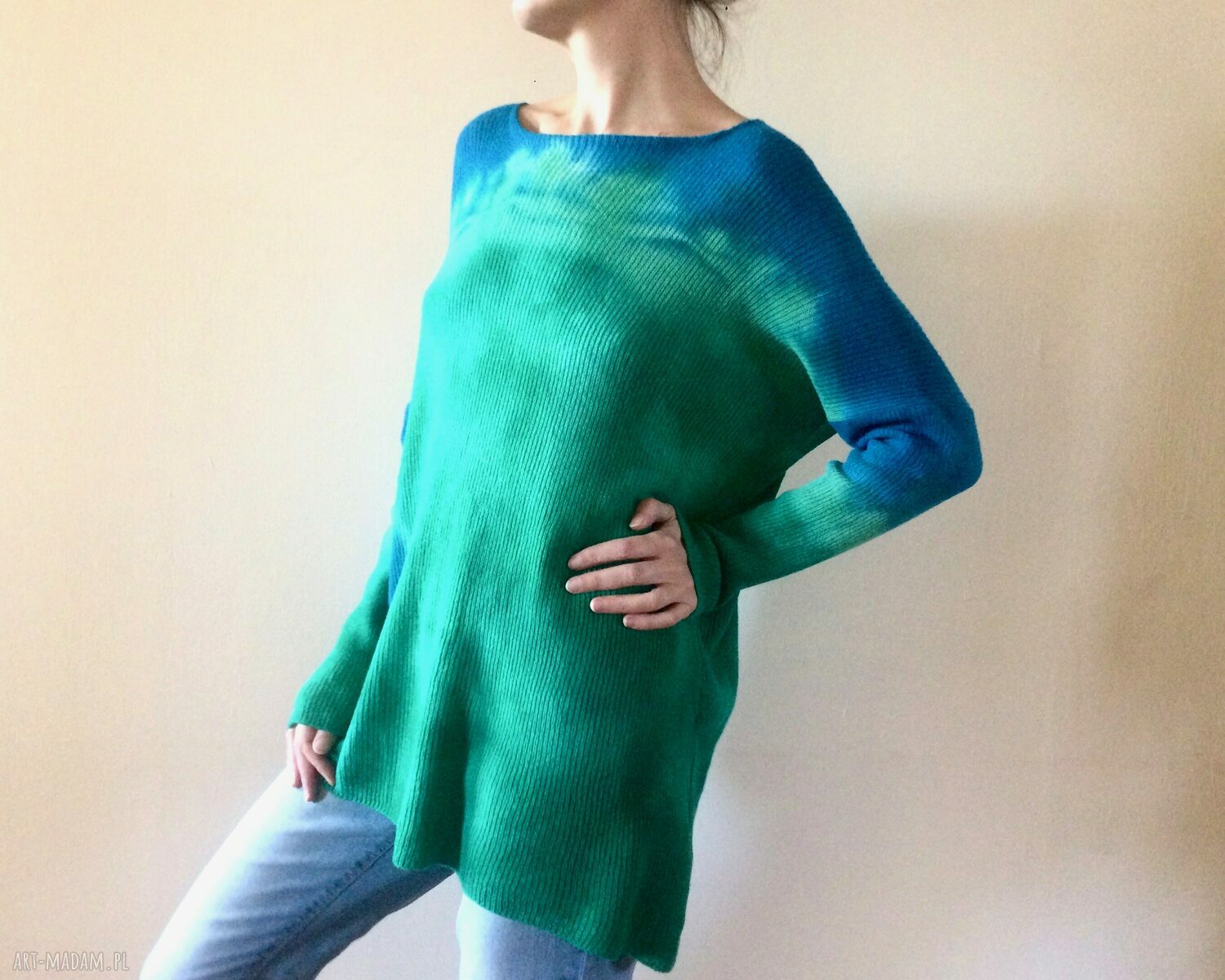 Wełniany sweter oversize turkus - szmaragd, ręcznie barwiony (one size)