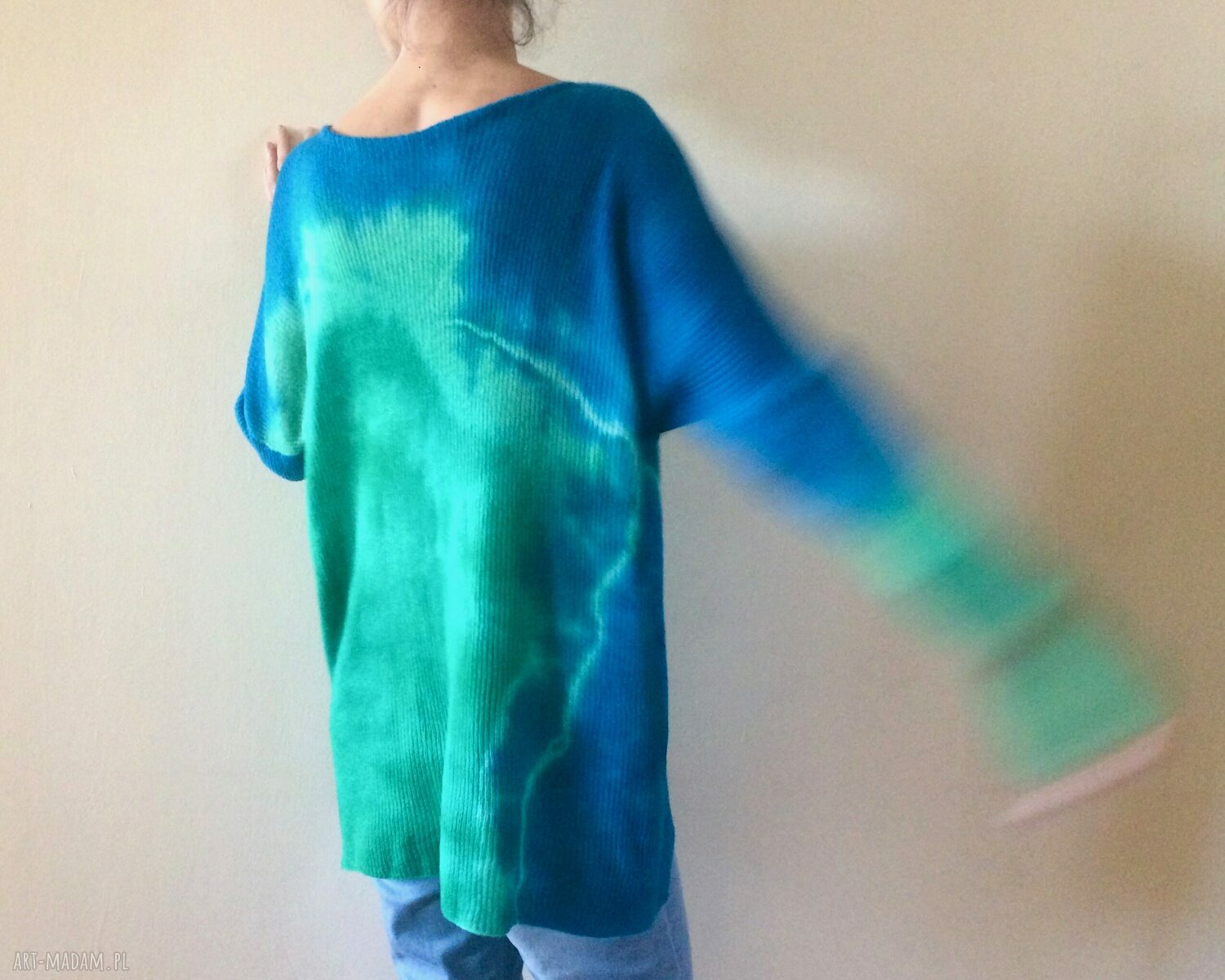 Wełniany sweter oversize turkus - szmaragd, ręcznie barwiony (one size)
