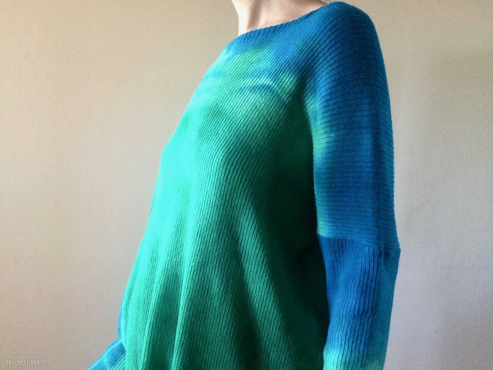 Wełniany sweter oversize turkus - szmaragd, ręcznie barwiony (one size)