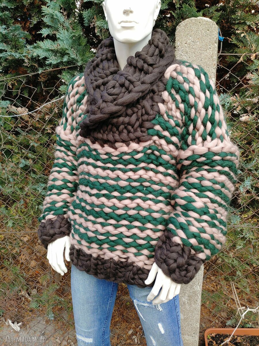 Wełniany sweter z kołnierzem szalowym z merynosa - XL