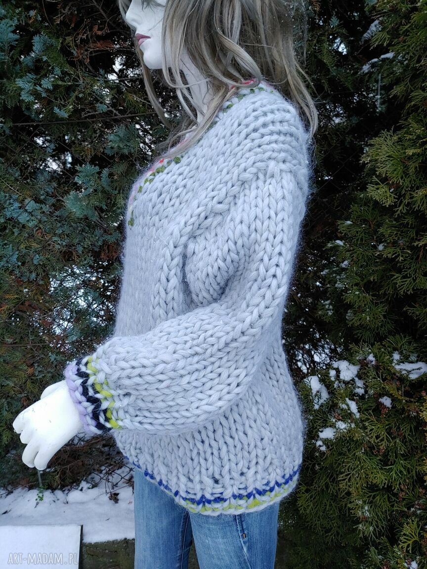 Sweter preppy z 100% merynosa - big knitting, grube sploty i oversize
