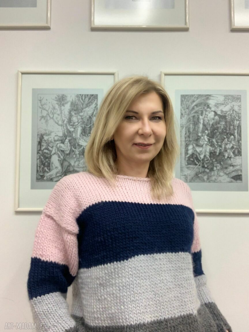 Sweter wełniany w pasy Trios - cztery kolory, rękodzieło 100% wełny (S/M)