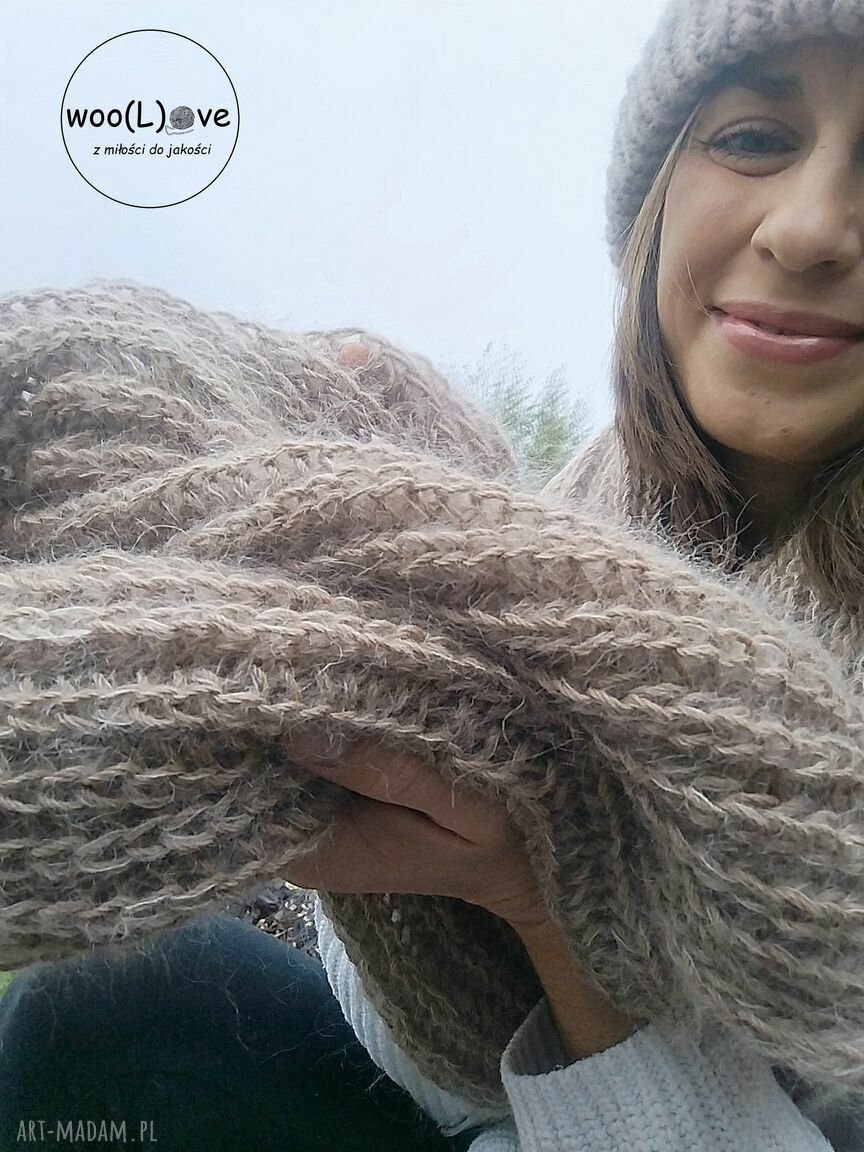 szaliki: WEŁNIANY SZAL MOHEREK jasny beż handmade