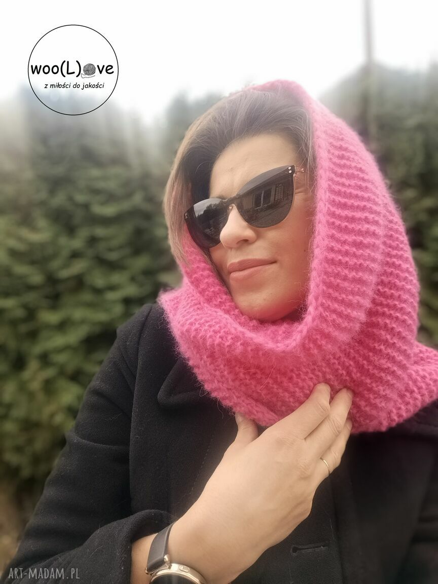Wełniany szalik damski Trójkątna Chmurka - Magneta z baby alpaki i merino