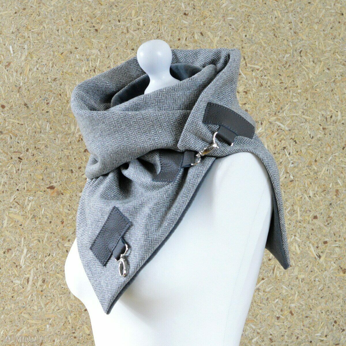 Wełniany szal w jodełkę Szal unisex Szary handmade