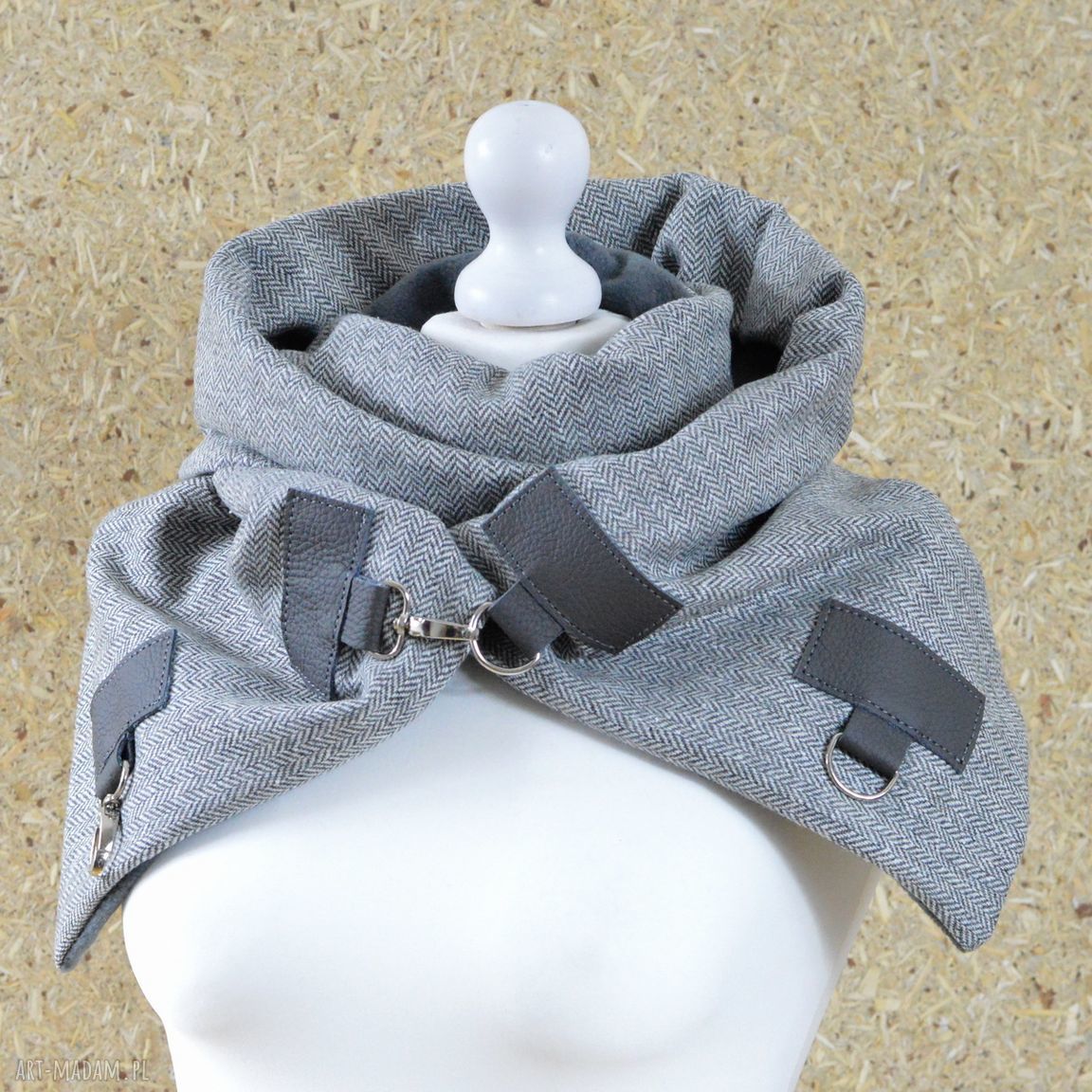 Wełniany szal w jodełkę Szal unisex Szary handmade
