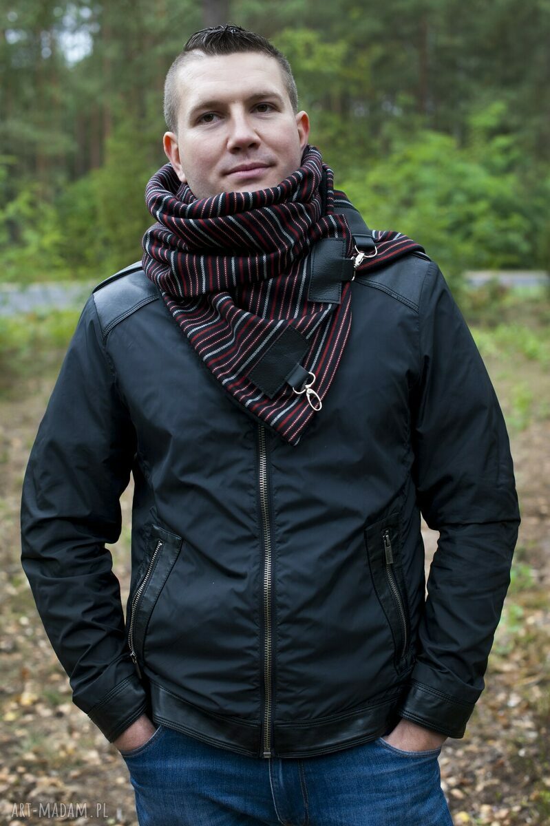 Szal wełniany ze skórą szalik męski, elegancki szalik, czerwony prążek autorskie