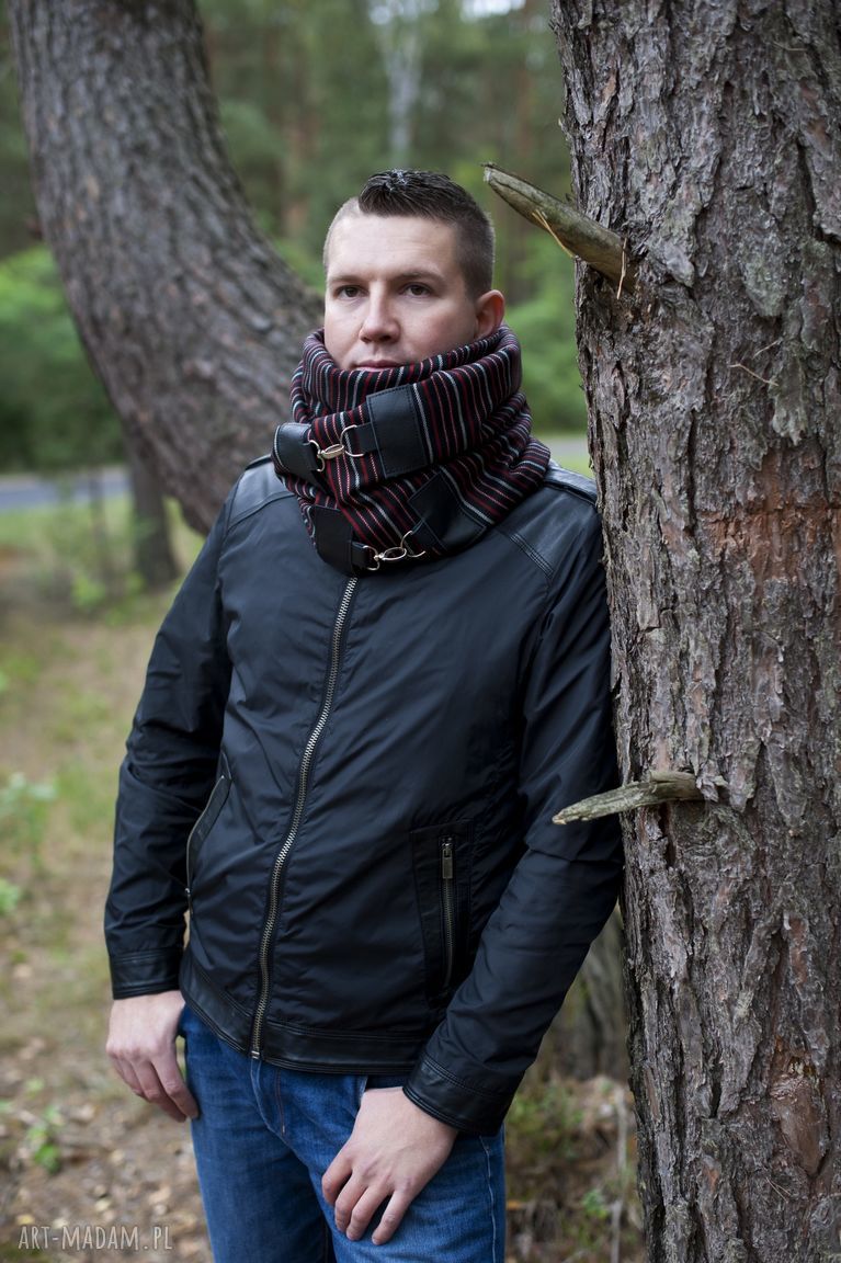 Szal wełniany ze skórą szalik męski, elegancki szalik, czerwony prążek autorskie