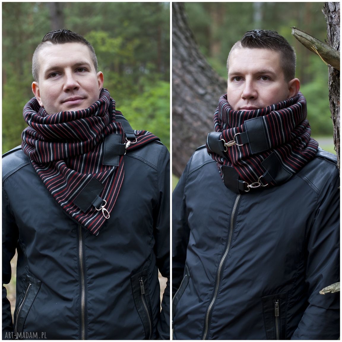 wełniany skórą szalik męski elegancki czerwony prążek komin