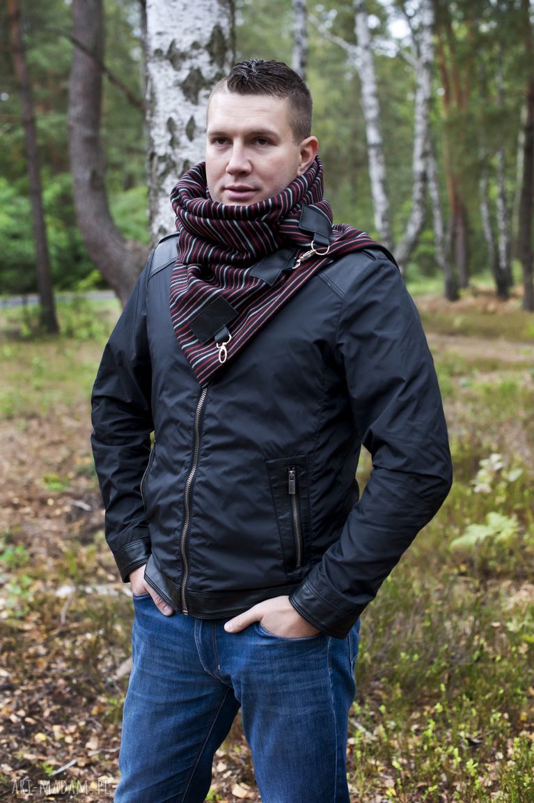 Szal wełniany ze skórą szalik męski, elegancki szalik, czerwony prążek autorskie