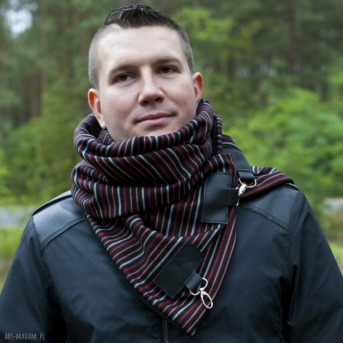 Szal wełniany ze skórą szalik męski, elegancki szalik, czerwony prążek autorskie