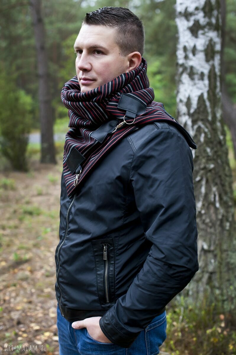 Szal wełniany ze skórą szalik męski, elegancki szalik, czerwony prążek autorskie