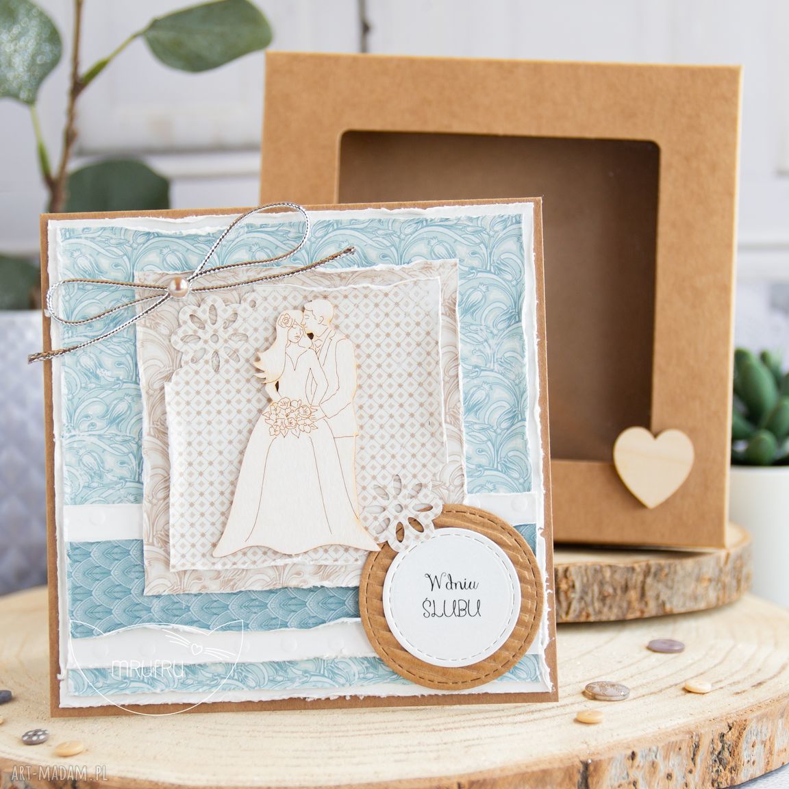 Piękna rustykalna kartka pudełeczku prezent ślubny ślub