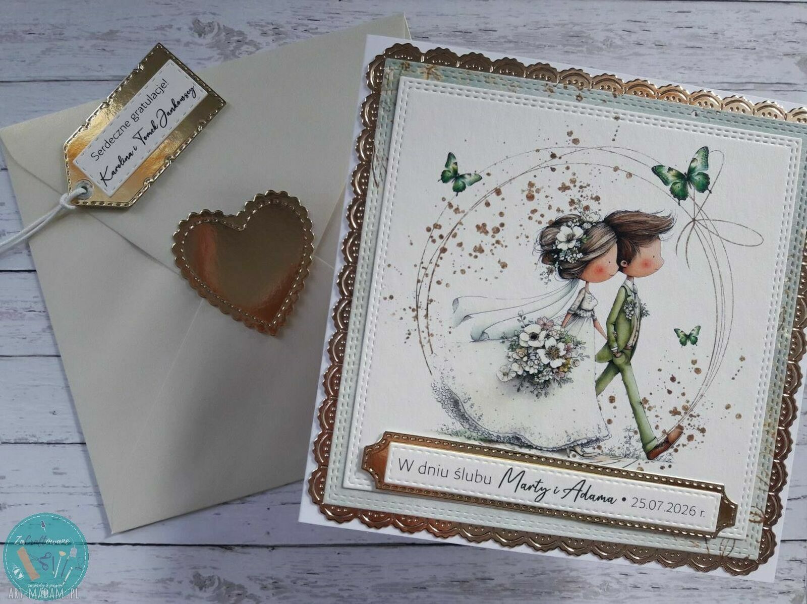 Personalizowana kartka ślubna z idącą parą młodą