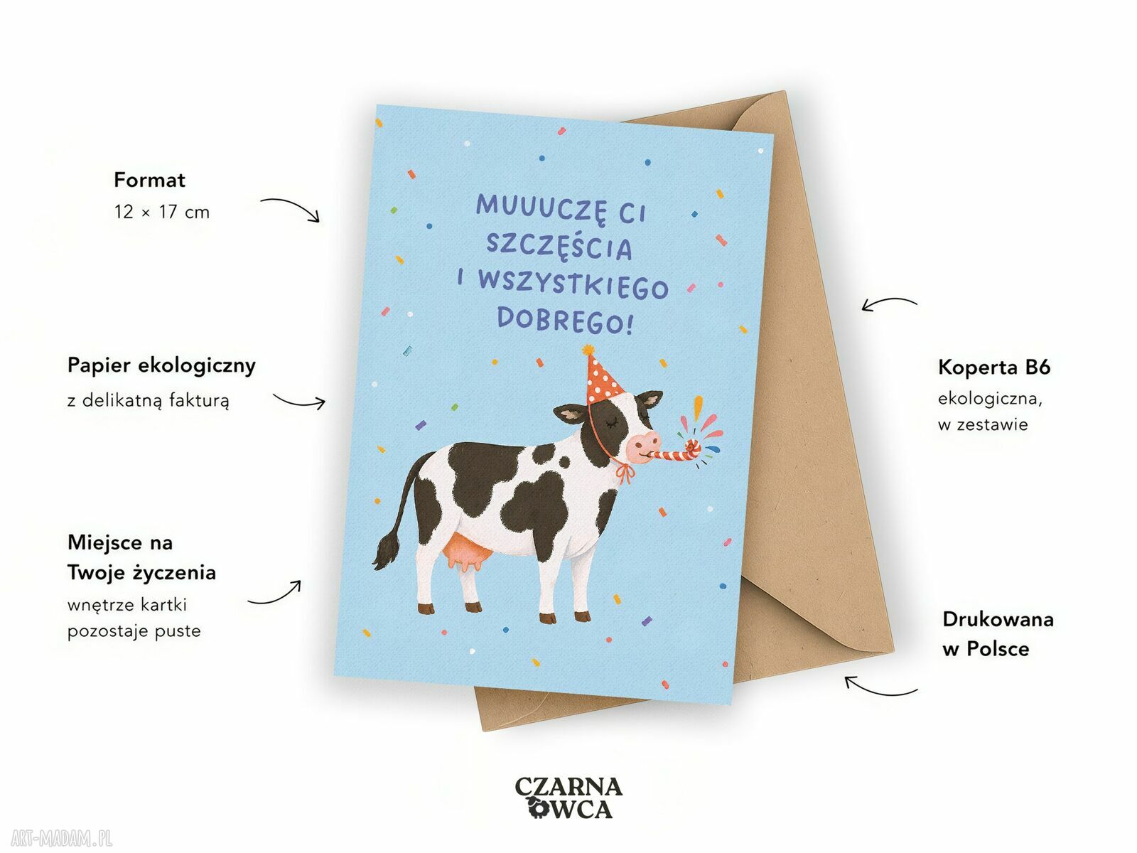 Kartka urodzinowa z krową - muuuczę Ci szczęścia i wszystkiego dobrego!