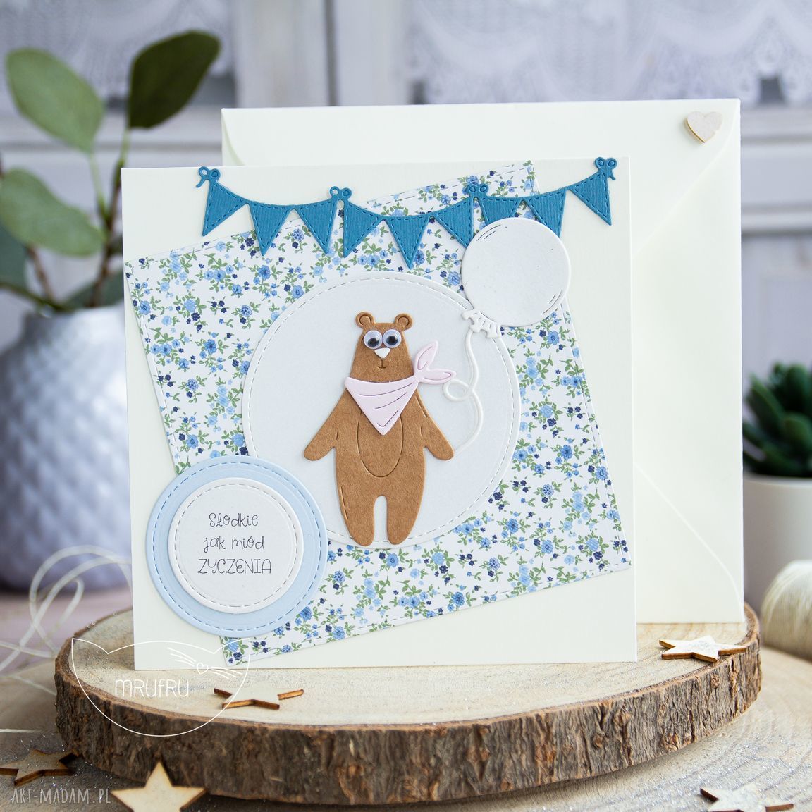 Wesoła kartka misiem koperta personalizacja urodziny roczek miś
