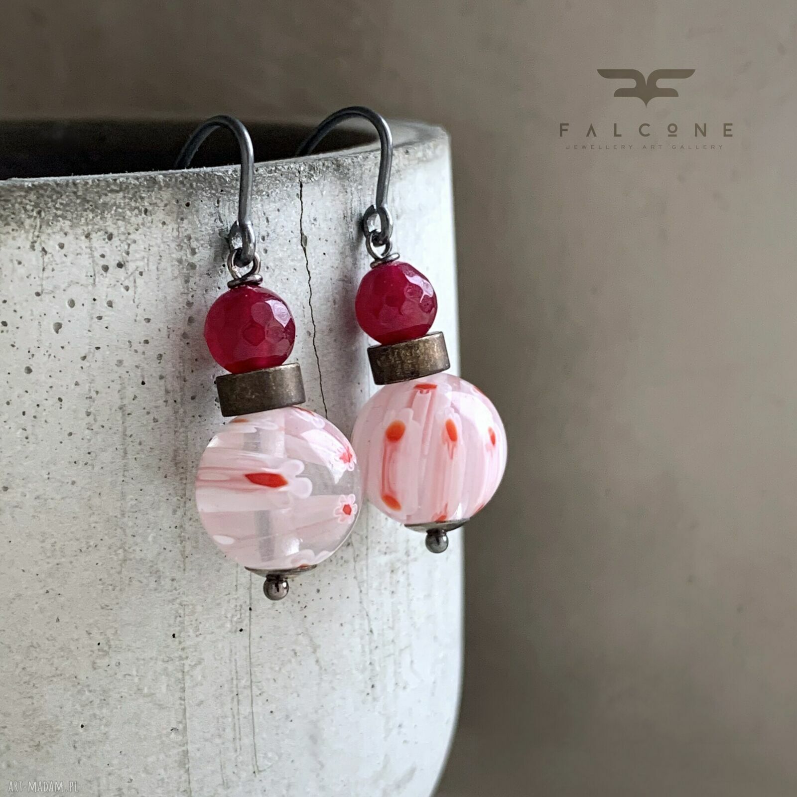 Kolczyki White Millefiori & Bordo z jadeitem, szkłem millefiori i biglami z oksydowanego srebra