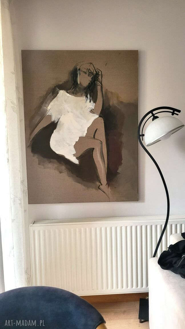 Autorski obraz „White Dress” 120x90 - czarno-biały szkic kobiety na lnianym płótnie